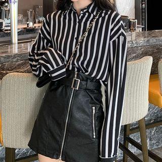 Long-sleeve Striped Shirt / Faux-leather Zip Mini Skirt
