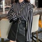 Long-sleeve Striped Shirt / Faux-leather Zip Mini Skirt
