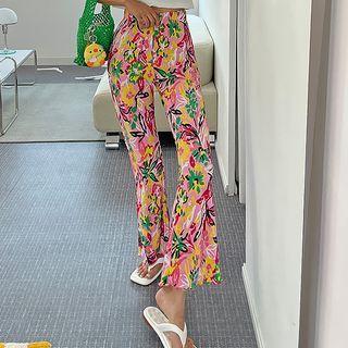 Flower-pattern Pleated Flared Pants