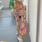 Flower-pattern Pleated Flared Pants