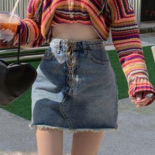 Tassel Trim Lace-up A-line Denim Skirt