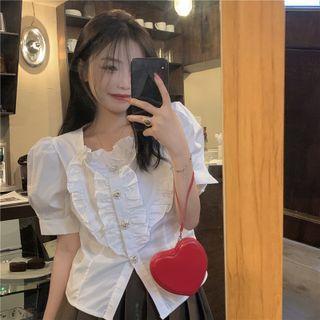 Puff-sleeve Ruffle Heart Blouse White - One Size