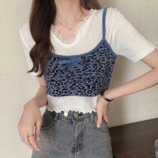 Set: Short-sleeve Knit Top + Leopard Print Camisole Top
