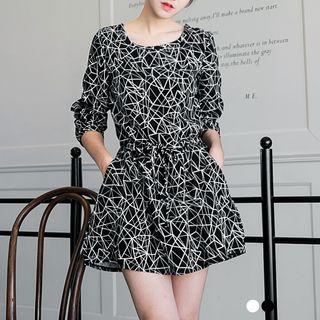 Long-sleeve Geometric Drawstring Dress
