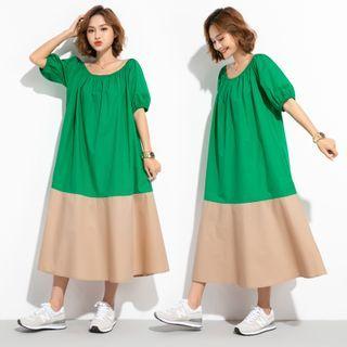 Puff-sleeve Two Tone Midi Dress Emerald - One Size