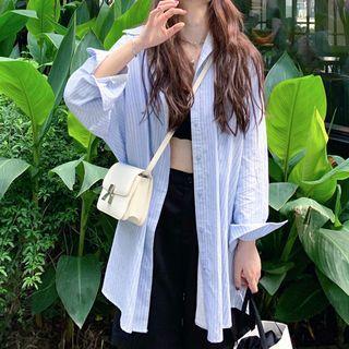 Pinstripe Long-sleeve Oversize Shirt / Short-sleeve Tee / Straight-leg Shorts