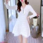 Long-sleeve V-neck Frayed Henley Knit Dress