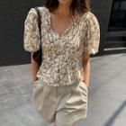 Puff-sleeve V-neck Shirred Floral Blouse As Shown In Figure - One Size