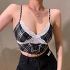 Lace-trim Lace-up Plaid Crop Camisole Top