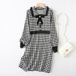 Long-sleeve Bow Houndstooth Knit Dress Black & White - One Size