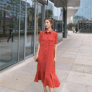 Short-sleeve Frill Trim Buttoned Midi Dress