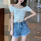 Striped Drawstring Off-shoulder Short-sleeve T-shirt
