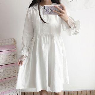 Lace Panel Long-sleeve Dress / Plaid Vest