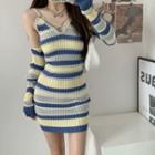 Set: Halter-neck Striped Ribbed Knit Dress + Crop Cardigan Set Of 2 - Dress & Cardigan - Stripe - Blue & Yellow - One Size