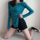Off-shoulder Side-slit Long-sleeve T-shirt