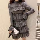Long-sleeve Glitter Mini Layered Dress As Shown In Figure - One Size