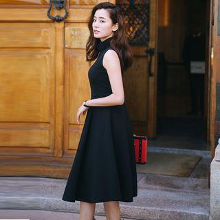 Stand Collar Sleeveless A-line Midi Dress