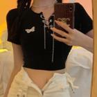 Short-sleeve Lace-up Lettering Embroidered Crop Top
