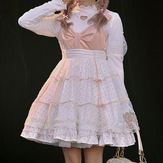 Set: Long-sleeve Heart Cutout T-shirt + Dotted Overall Dress