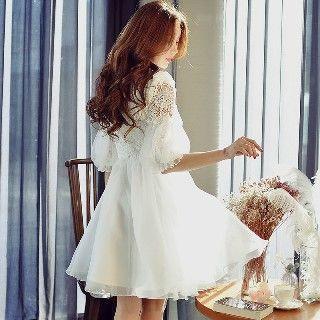 Elbow-sleeve V-neck Crochet Panel Dress