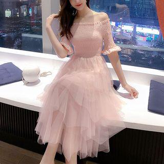 Layered Off-shoulder Mesh Dress
