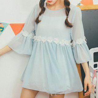 3/4 Sleeve Flower Applique Chiffon Top