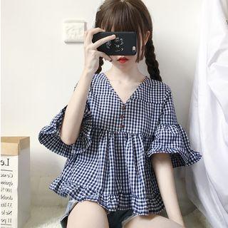 Elbow-sleeve Plaid Blouse As Shown In Figure - One Size