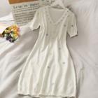 Flower-embroidered V-neck Midi Dress White - One Size