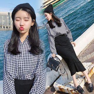 Set: Long Sleeve Gingham Blouse + Pleated Hem Maxi Skirt