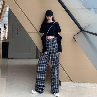 Plaid Wide-leg Pants / Detachable Sleeve T-shirt