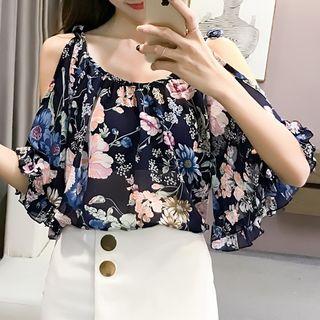 Cold Shoulder Flower Print Elbow-sleeve Top