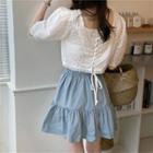 Lace-up Puff-sleeve Cropped Blouse / Mini A-line Skirt