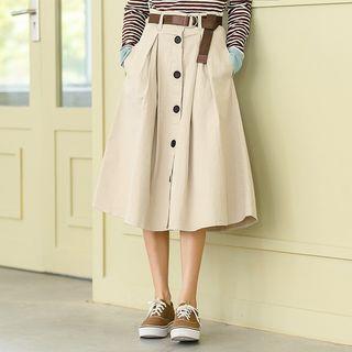 Button Detail Midi A-line Skirt