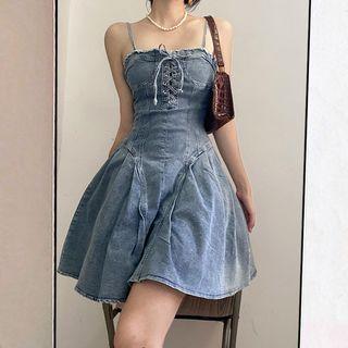 Lace-up A-line Denim Mini Dress