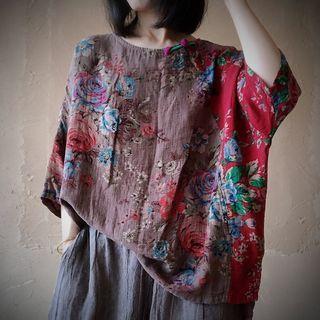 Batwing-sleeve Print Linen Blouse