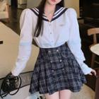 Long-sleeve Sailor Collar Button-up Blouse / Plaid Pleated Mini A-line Skirt
