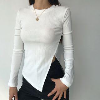 Side-slit Long-sleeve Ribbed Top