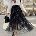 Plaid Collar Blouse / Sequined Midi A-line Mesh Skirt
