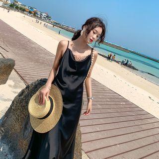 Spaghetti Strap Lace Paneled Satin A-line Maxi Dress