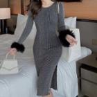 Long-sleeve Side Button-up Knit Midi Dress Gray - One Size