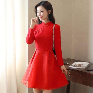 Cheongsam Collar Tulle Panel A-line Dress