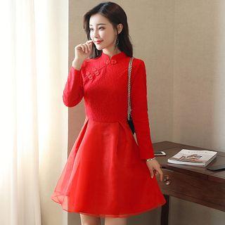 Cheongsam Collar Tulle Panel A-line Dress