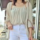 Set: Spaghetti-strap Shirred Top + 3/4-sleeve Open-front Cardigan