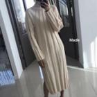 Side-slit Turtleneck Long-sleeve Midi Knit Dress