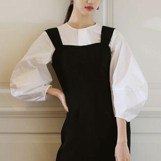 Set: Balloon-sleeve Blouse + Midi Sheath Overall Dress