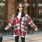 Hooded Plaid Loose-fit Shirt Red - One Size