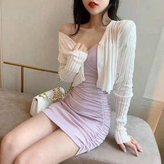 Spaghetti Strap Sheath Dress / Ribbed Cropped Cardigan / Set
