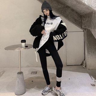 Loose-fit Colorblock Fleece Jacket / Printed T-shirt / Striped Leggings