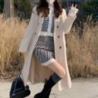 Double-breasted Plain Coat / Set: Button-up Houndstooth Crop Top / High Waist Mini Skirt