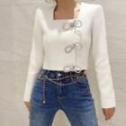 Long-sleeve Rhinestone Bow Accent Cropped Blouse